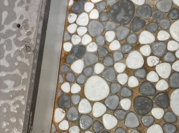 Pebble shower floor with stained grout before a specialized deep clean
